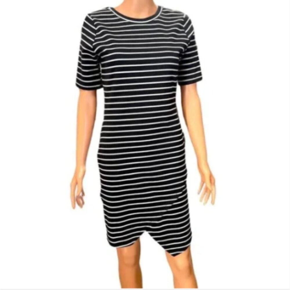 IRIS Navy Striped‎ Bodycon Asymmetric Dress M #250B